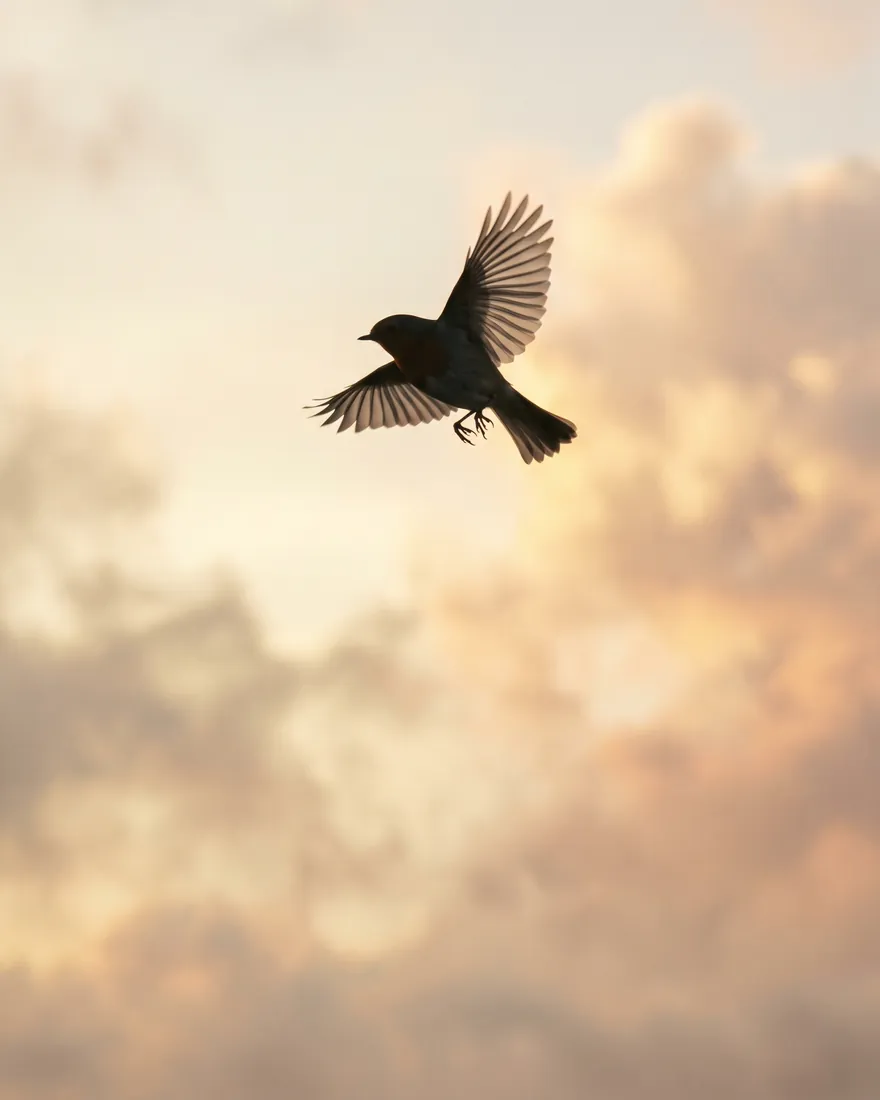 A small songbird in flight against a warm dawn sky