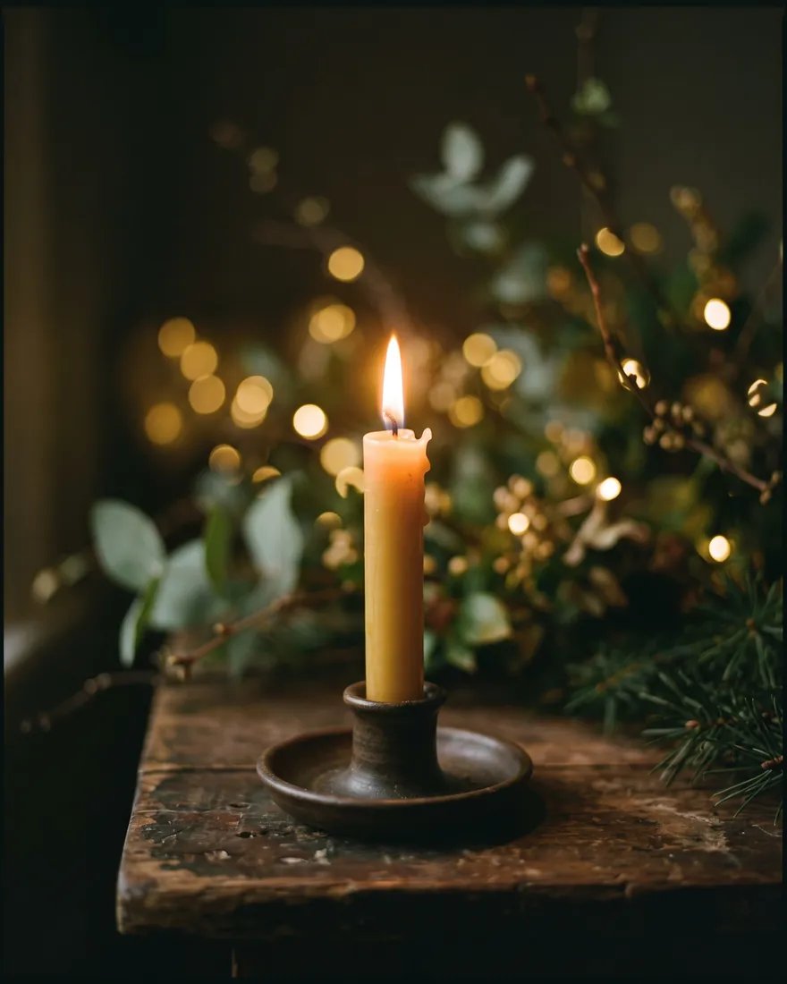 A single warm glowing candle in soft golden light