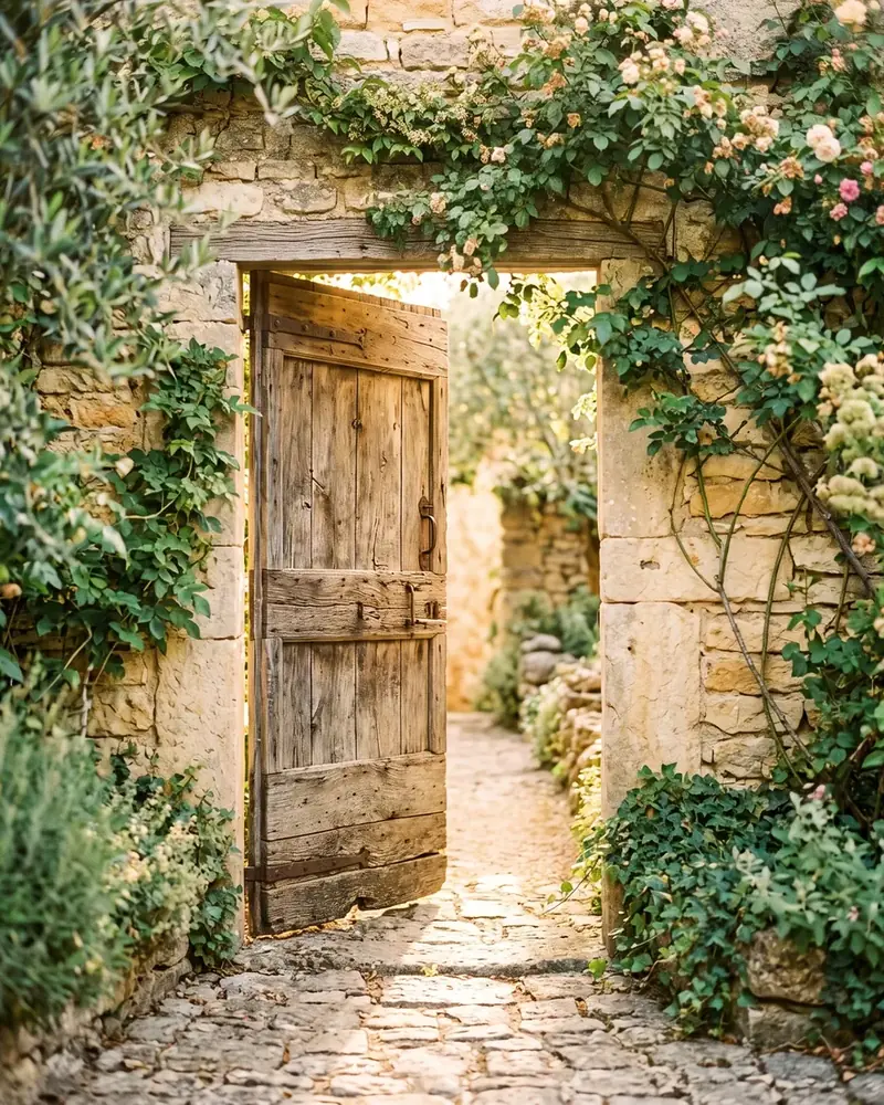 A door standing open in a sunlit wall, warm light spilling through the doorway