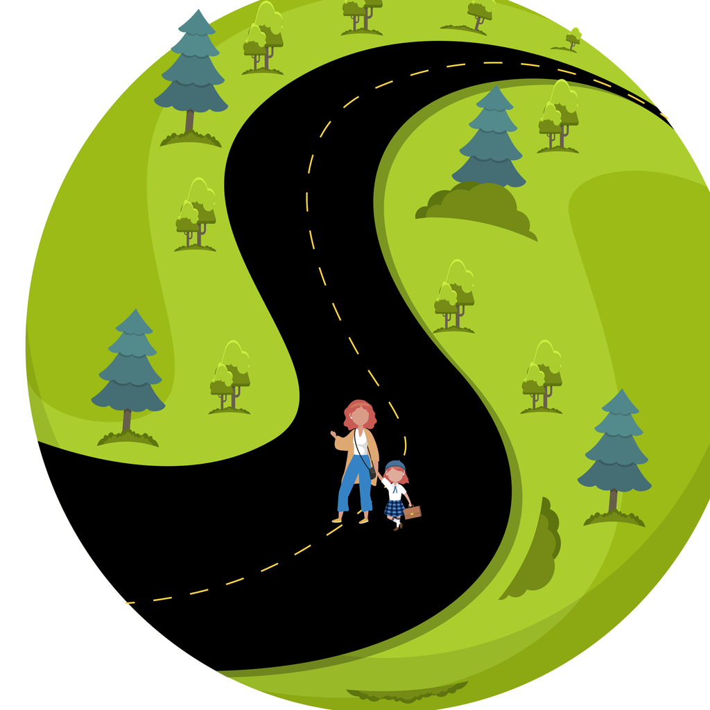 Journey of Hope emblem: a sun rising over green hills where a winding path carries two walkers toward the light