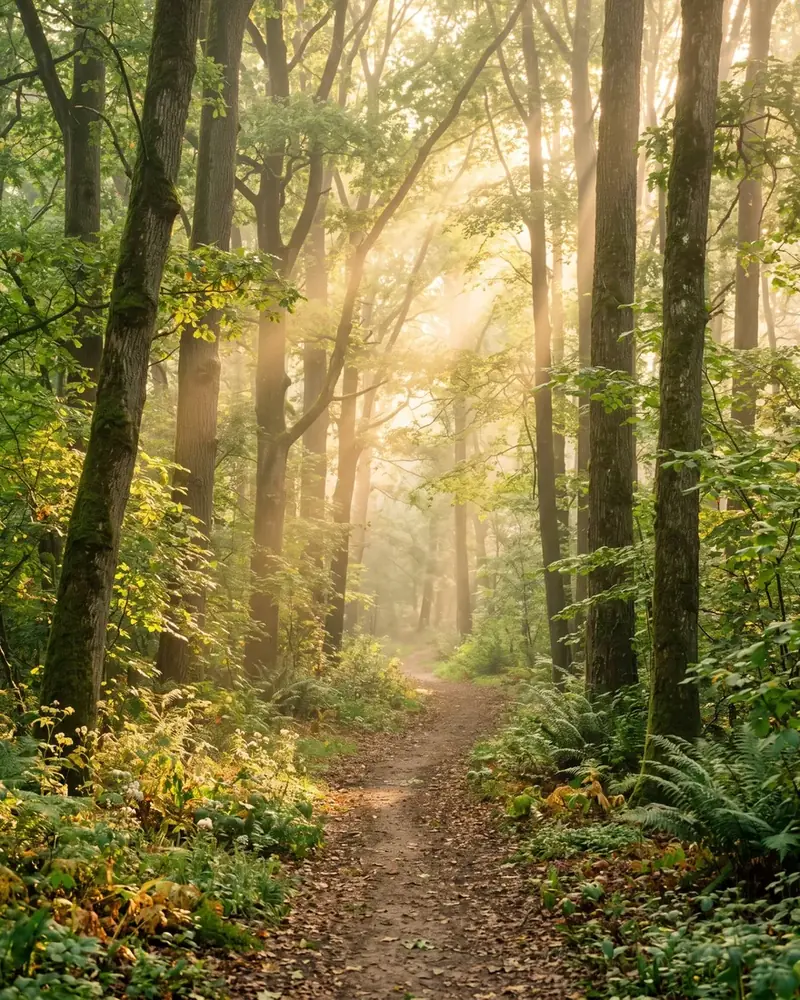 A peaceful sunlit path through tall trees, warm light filtering through the leaves