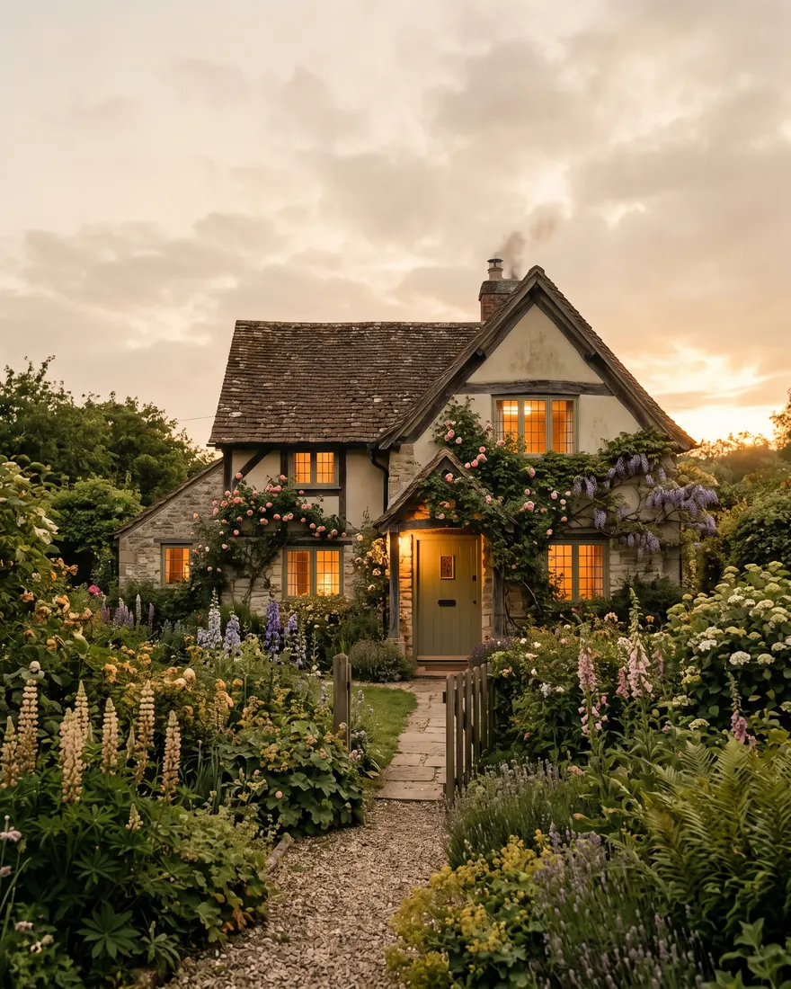 A modest cottage at dusk with warm golden light glowing from its windows