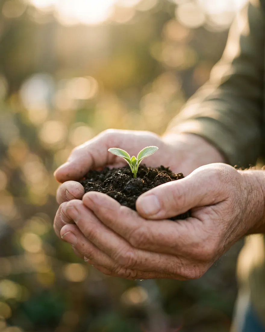 Cupped hands gently holding a small green sprout in warm light