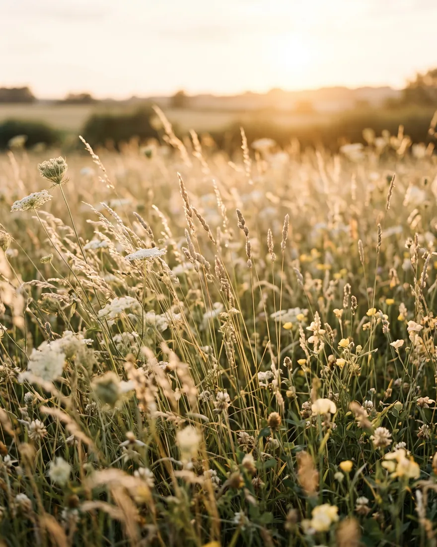 A meadow of wildflowers backlit by warm golden hour light