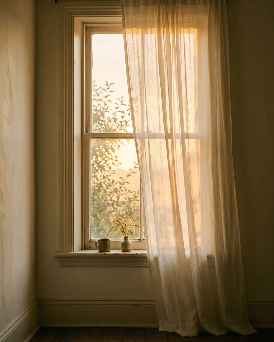 A tall window with soft curtains glowing with warm dawn light
